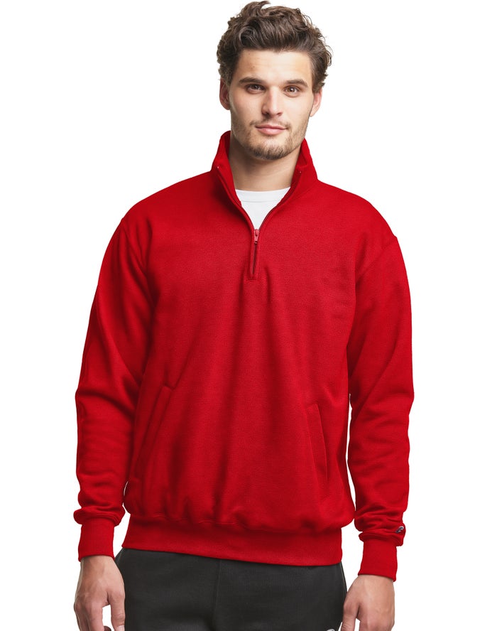 Champion Mens Sweatshirt NZ - Powerblend Fleece 1/4 Zip With Pockets Red ( 7318-TOMHL )